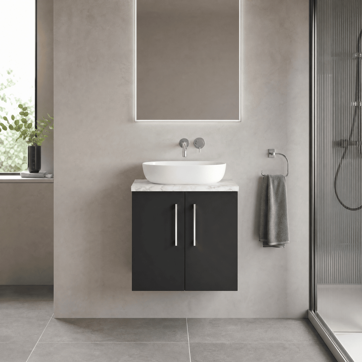 [BFLE1423LCM] Bramshall Contemporary 2 Door Wall Hung Vanity Unit with Carrera Marble Laminate Worktop, 600mm, Choice of Colour