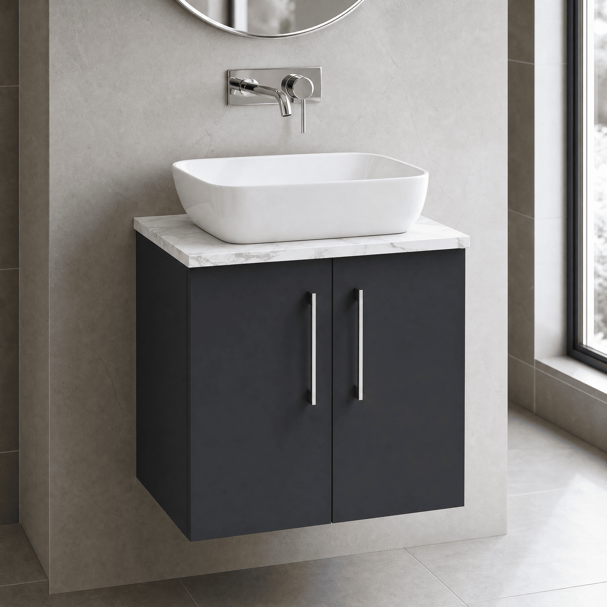 [BFLE1423LCM] Bramshall Contemporary 2 Door Wall Hung Vanity Unit with Carrera Marble Laminate Worktop, 600mm, Choice of Colour