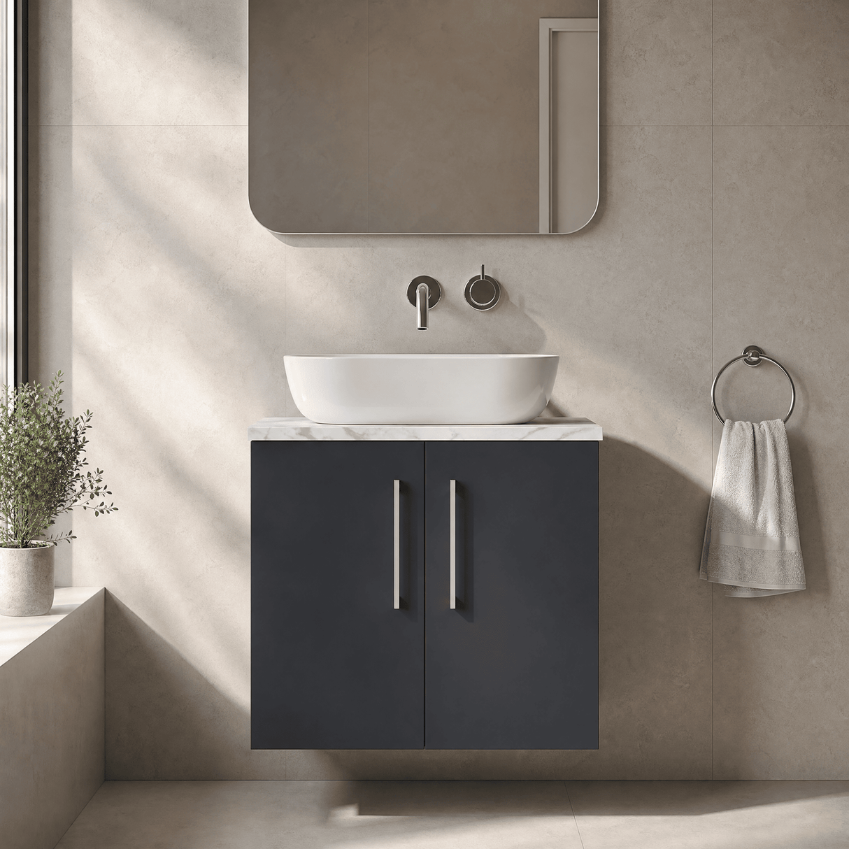 [BFLE1423LCM] Bramshall Contemporary 2 Door Wall Hung Vanity Unit with Carrera Marble Laminate Worktop, 600mm, Choice of Colour - Silo