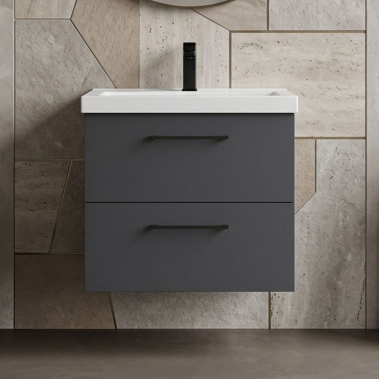 [BFLE1424AH018] Bramshall Wall Hung 2 Drawer Vanity Unit with Mid-Edge Ceramic Basin - Choice of Colour, Handle Finish and Size - Silo