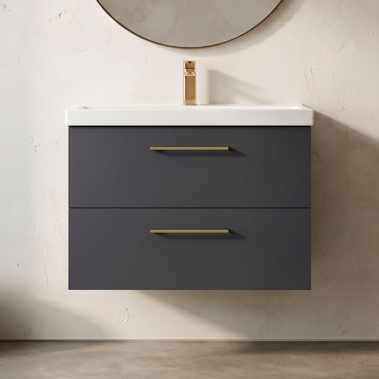 [BFLE1424AH1516] Bramshall Wall Hung 2 Drawer Vanity Unit with Mid-Edge Ceramic Basin - Choice of Colour, Handle Finish and Size - Silo