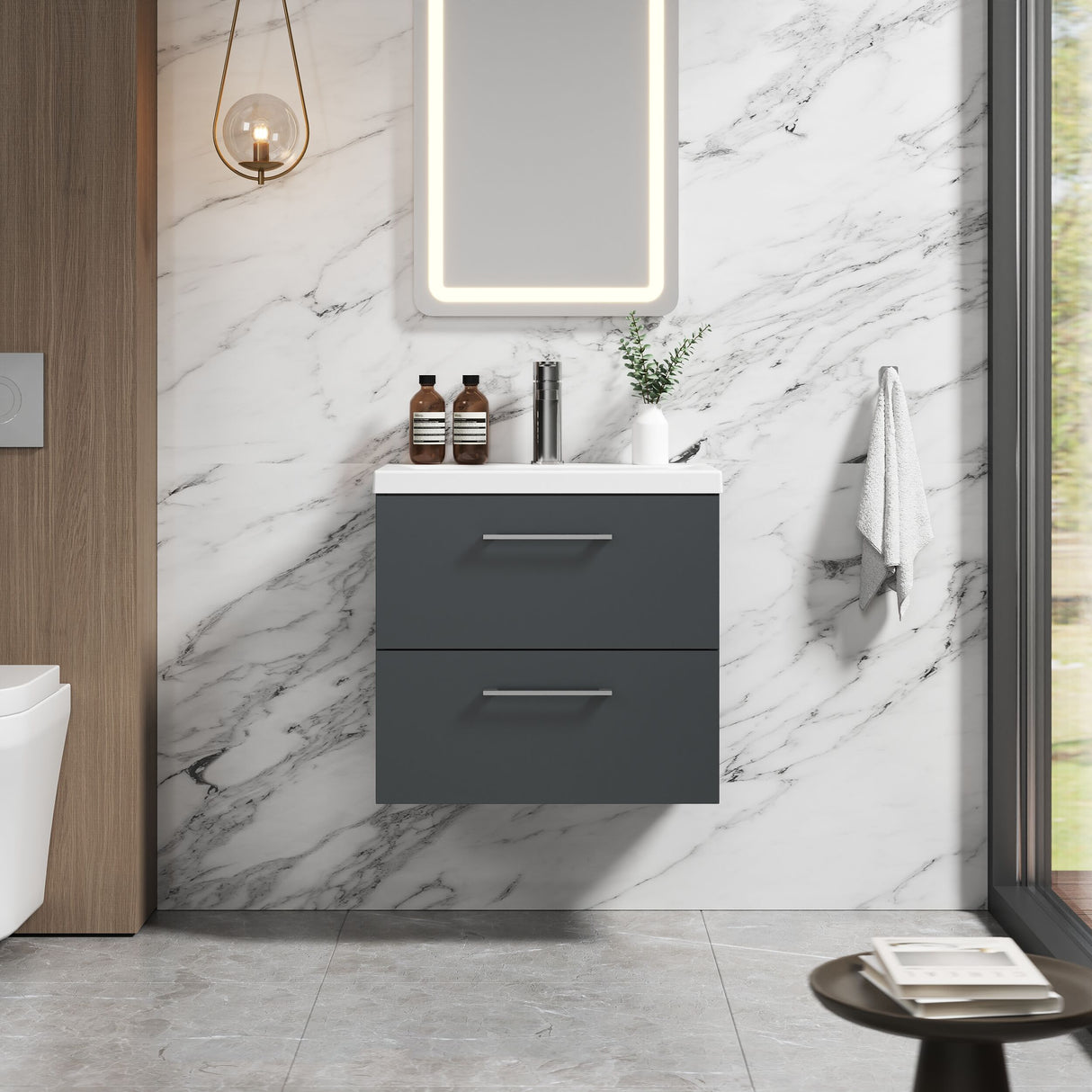 [BFLE1424A] Bramshall Wall Hung 2 Drawer Vanity Unit with Mid-Edge Ceramic Basin - Choice of Colour, Handle Finish and Size - Lifestyle 1