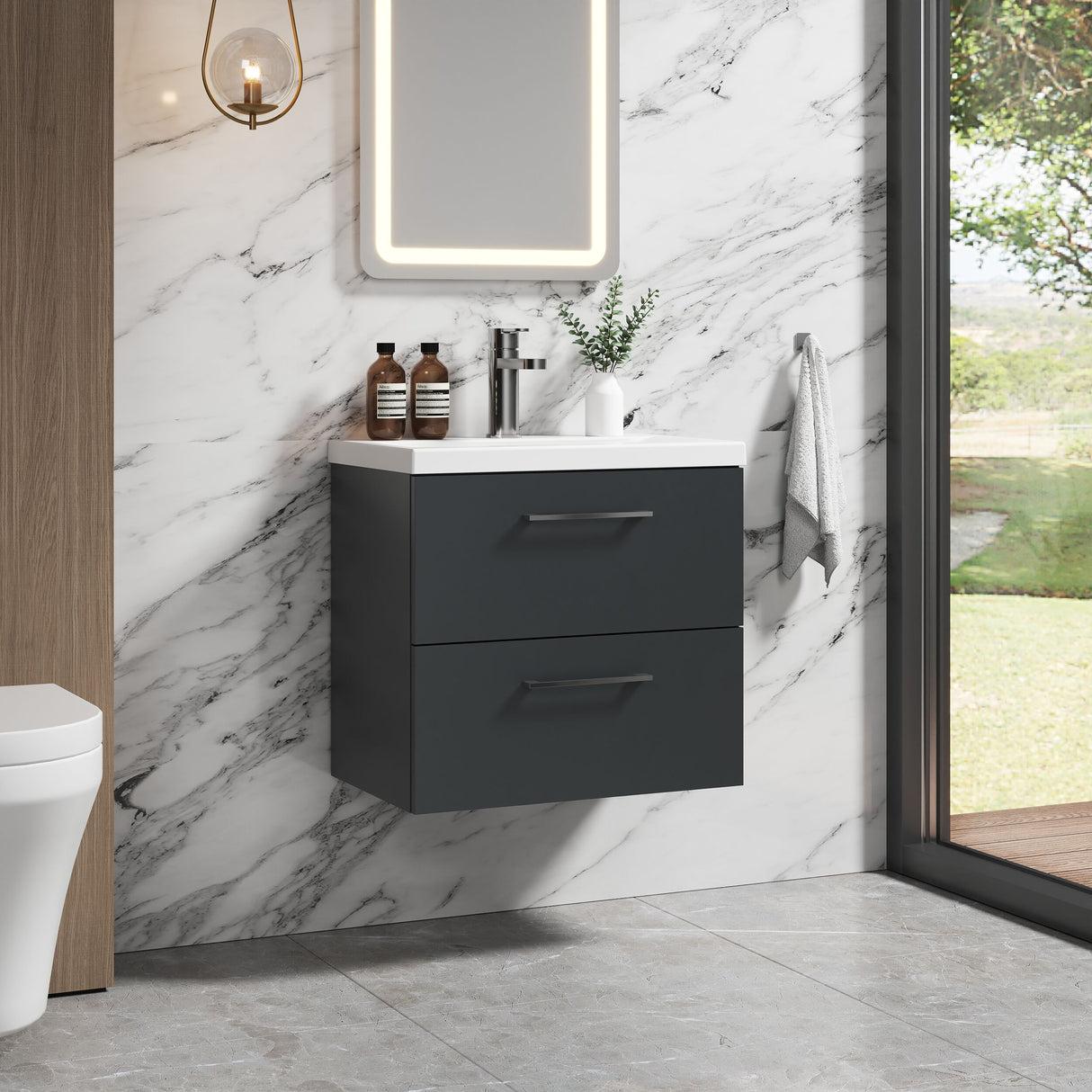 [BFLE1424A] Bramshall Wall Hung 2 Drawer Vanity Unit with Mid-Edge Ceramic Basin - Choice of Colour, Handle Finish and Size - Lifestyle 3