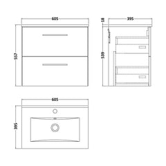 [BFLE1424B] Balterley  Modern Bathroom 2 Soft Close Drawer & Minimalist Wall Hung Vanity Unit Basin, Dark Grey, 440mm - Technical Drawing