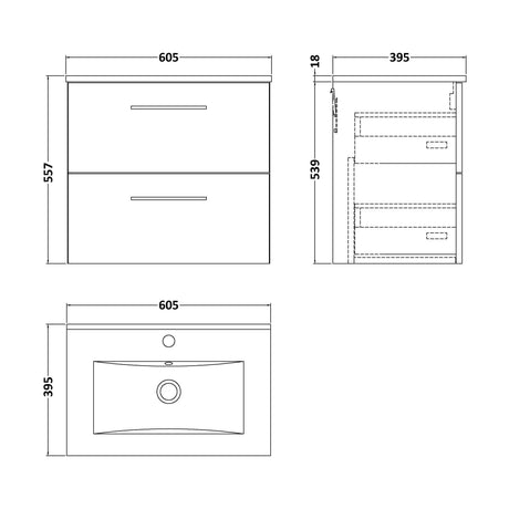 [BFLE1424B] Balterley  Modern Bathroom 2 Soft Close Drawer & Minimalist Wall Hung Vanity Unit Basin, Dark Grey, 440mm - Technical Drawing
