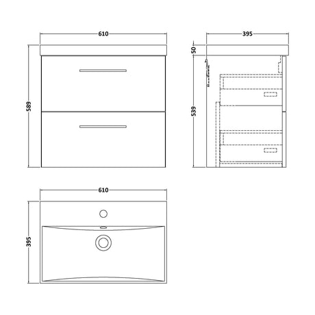 [BFLE1424D] Balterley  Contemporary Bathroom 2 Soft Close Drawer & Thin-Edge Wall Hung Vanity Unit Basin, Dark Grey, 600mm - Technical Drawing