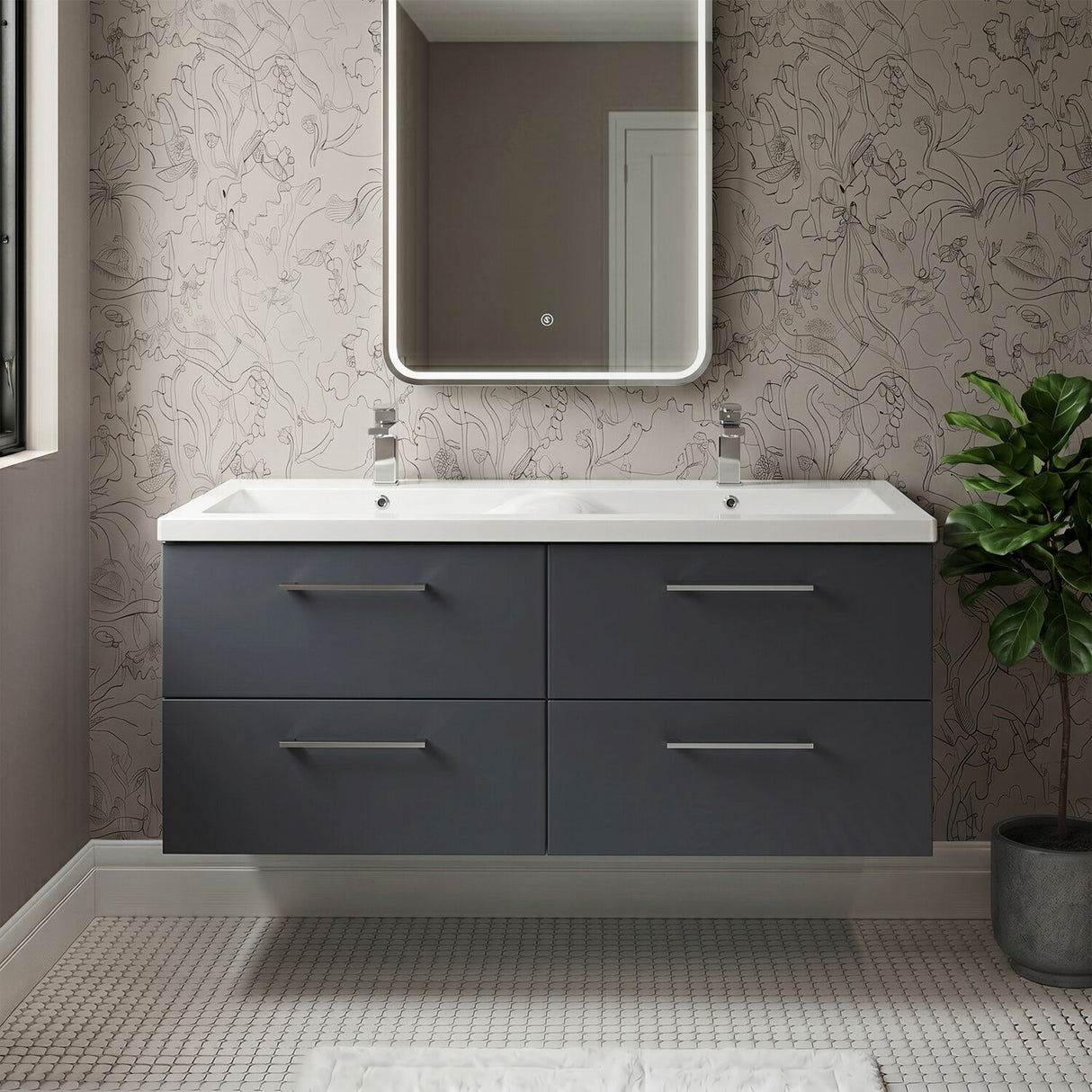 [BFLE1424F2] Balterley Level 1200mm Wall Hung 4-Drawer Vanity Unit with Double Basin for Modern Bathroom Storage - Gloss White - Silo