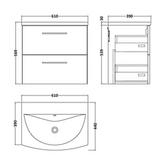 [BFLE1424G] Balterley  Contemporary Bathroom 2-Drawer Wall-Hung Curved Basin Vanity Unit, Dark Grey, 600mm - Technical Drawing
