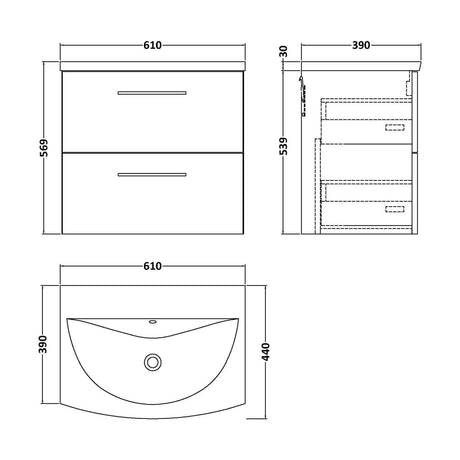 [BFLE1424G] Balterley  Contemporary Bathroom 2-Drawer Wall-Hung Curved Basin Vanity Unit, Dark Grey, 600mm - Technical Drawing