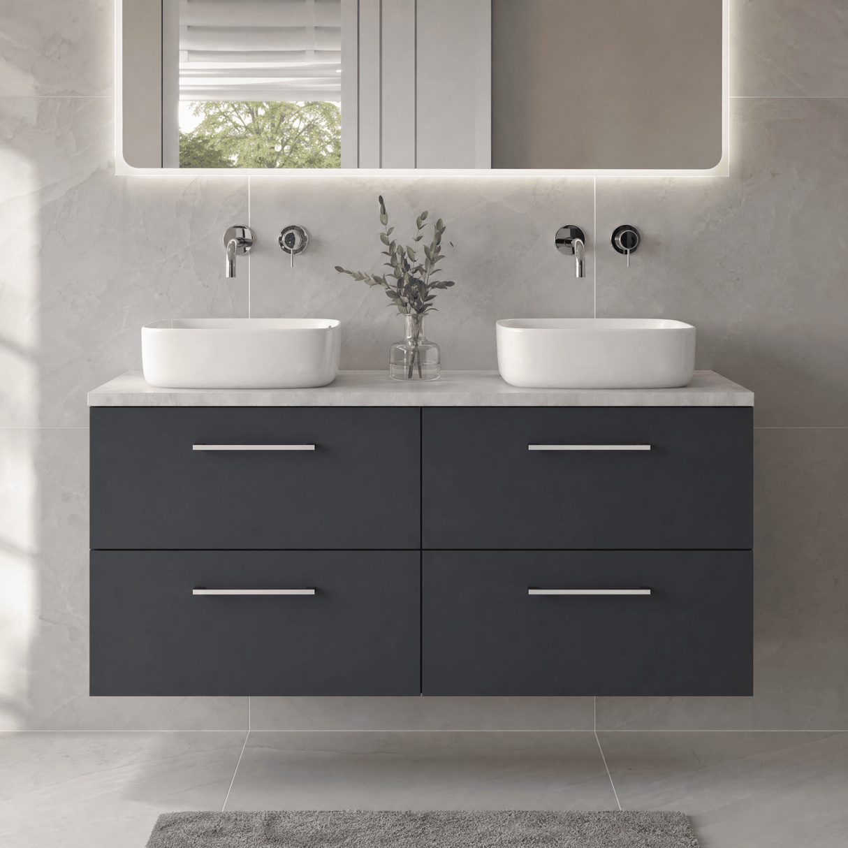[BFLE1424LBG2] Bramshall Wall Hung 4 Drawer Vanity Unit with Bellato Grey Laminate Worktop, 1200mm, Choice of Colour