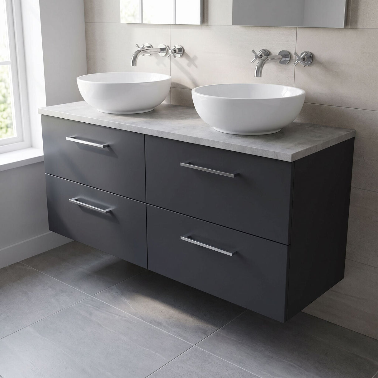 [BFLE1424LBG2] Bramshall Wall Hung 4 Drawer Vanity Unit with Bellato Grey Laminate Worktop, 1200mm, Choice of Colour