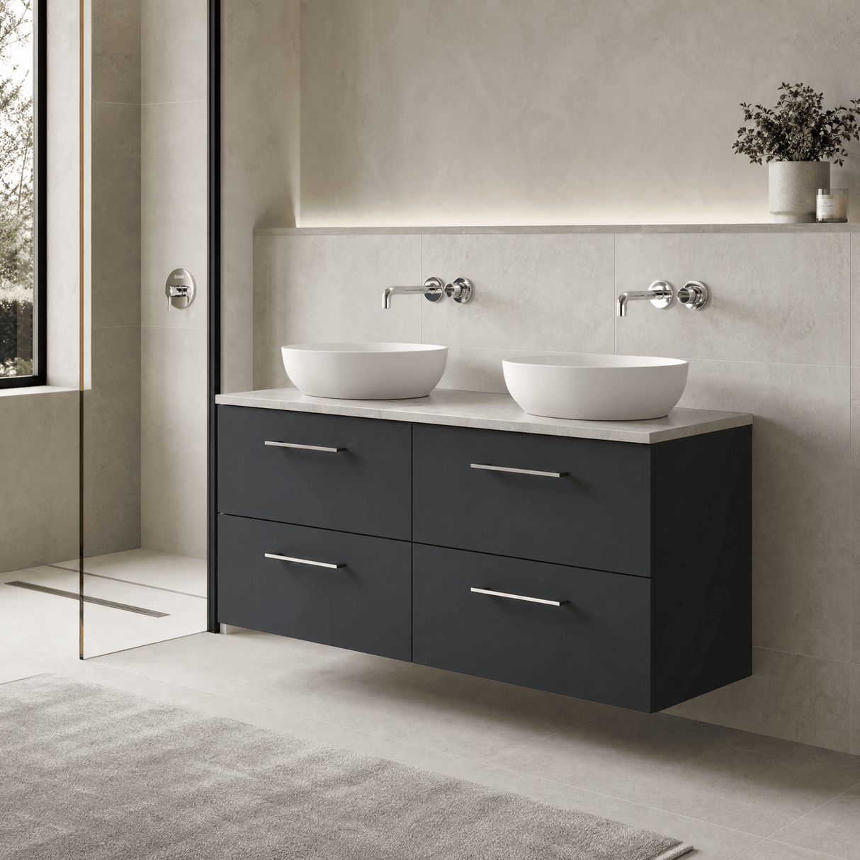 [BFLE1424LBG2] Bramshall Wall Hung 4 Drawer Vanity Unit with Bellato Grey Laminate Worktop, 1200mm, Choice of Colour