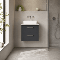 [BFLE1424LBG] Bramshall Contemporary 2 Drawer Wall Hung Vanity Unit with Bellato Grey Laminate Worktop, Choice of Size and Colour