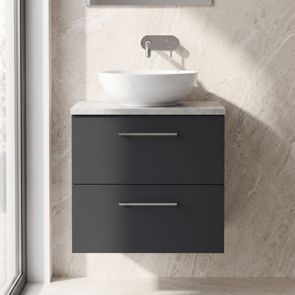 [BFLE1424LBG] Bramshall Contemporary 2 Drawer Wall Hung Vanity Unit with Bellato Grey Laminate Worktop, Choice of Size and Colour - Silo