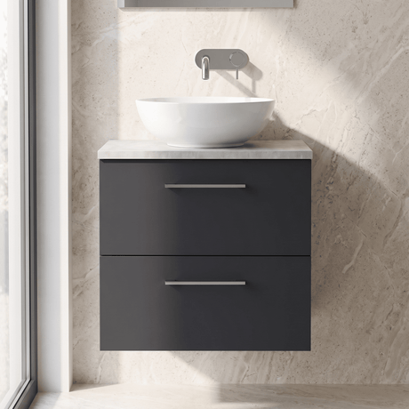 [BFLE1424LBG] Bramshall Contemporary 2 Drawer Wall Hung Vanity Unit with Bellato Grey Laminate Worktop, Choice of Size and Colour - Silo