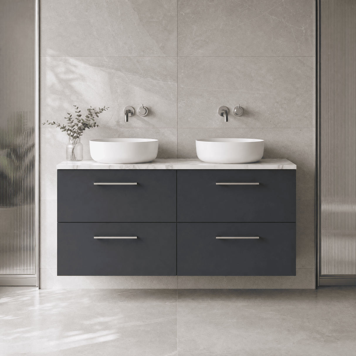 [BFLE1424LCM2] Bramshall Contemporary 4 Drawer Wall Hung Vanity Unit with Carrera Marble Laminate Worktop, 1200mm, Choice of Colour