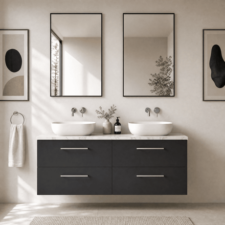 [BFLE1424LCM2] Bramshall Contemporary 4 Drawer Wall Hung Vanity Unit with Carrera Marble Laminate Worktop, 1200mm, Choice of Colour - Silo