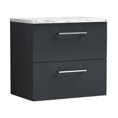 [BFLE1424LCM] Bramshall Contemporary 2 Drawer Wall Hung Vanity Unit with Carrera Marble Laminate Worktop, Choice of Size and Colour - Cutout