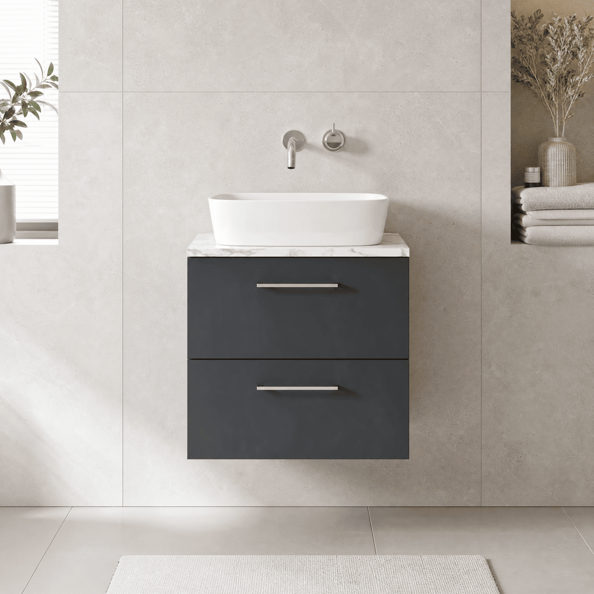 [BFLE1424LCM] Bramshall Contemporary 2 Drawer Wall Hung Vanity Unit with Carrera Marble Laminate Worktop, Choice of Size and Colour