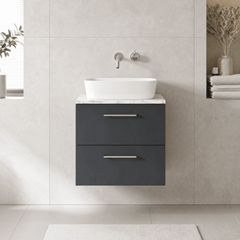 [BFLE1424LCM] Bramshall Contemporary 2 Drawer Wall Hung Vanity Unit with Carrera Marble Laminate Worktop, Choice of Size and Colour