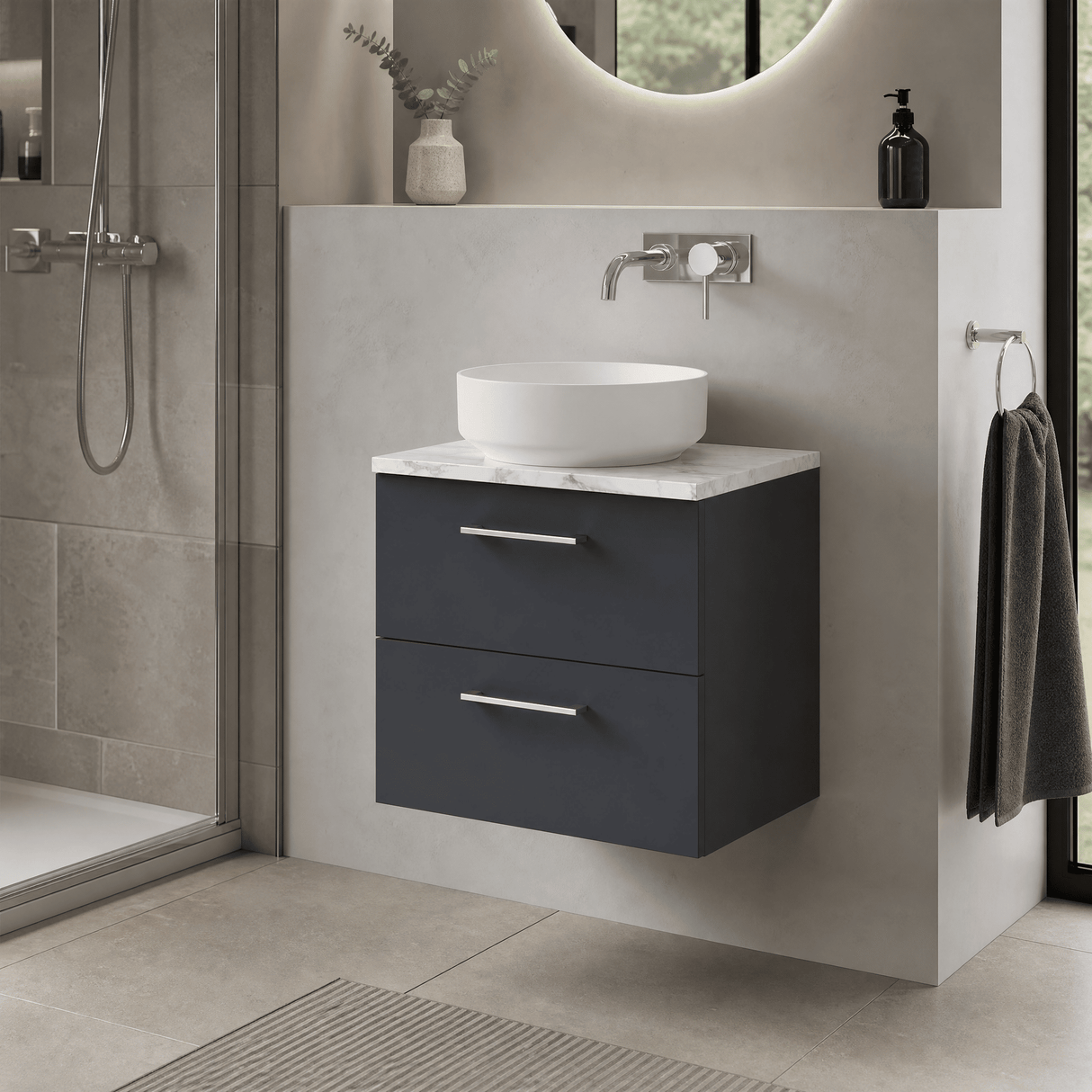 [BFLE1424LCM] Bramshall Contemporary 2 Drawer Wall Hung Vanity Unit with Carrera Marble Laminate Worktop, Choice of Size and Colour