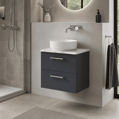 [BFLE1424LCM] Bramshall Contemporary 2 Drawer Wall Hung Vanity Unit with Carrera Marble Laminate Worktop, Choice of Size and Colour