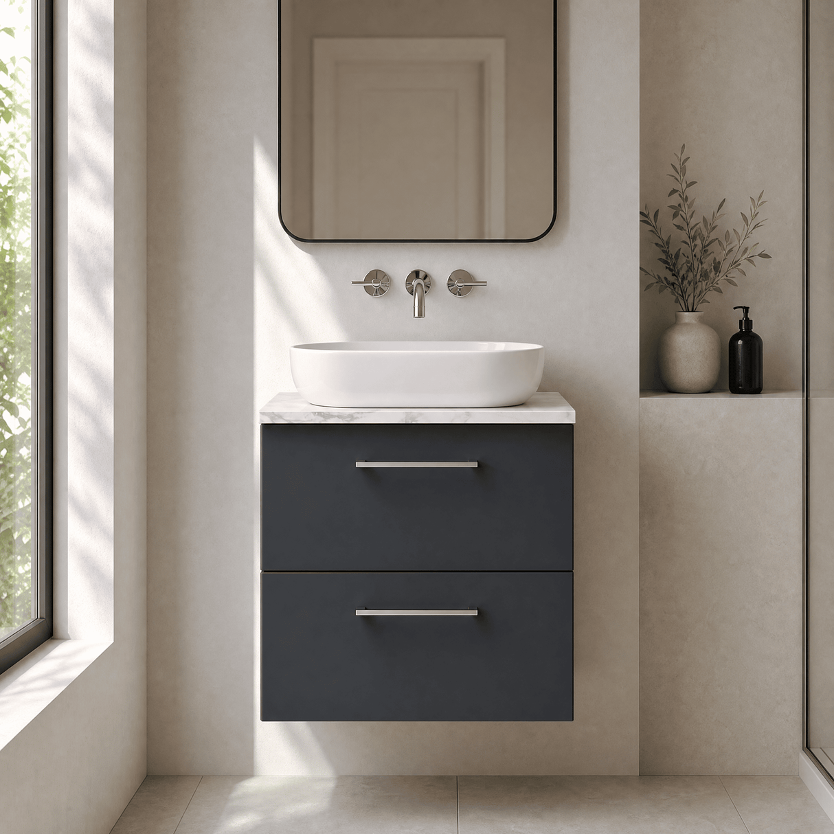 [BFLE1424LCM] Bramshall Contemporary 2 Drawer Wall Hung Vanity Unit with Carrera Marble Laminate Worktop, Choice of Size and Colour - Silo