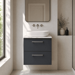 [BFLE1424LCM] Bramshall Contemporary 2 Drawer Wall Hung Vanity Unit with Carrera Marble Laminate Worktop, Choice of Size and Colour - Silo