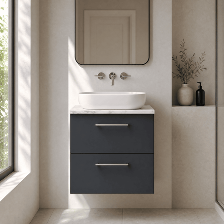 [BFLE1424LCM] Bramshall Contemporary 2 Drawer Wall Hung Vanity Unit with Carrera Marble Laminate Worktop, Choice of Size and Colour - Silo