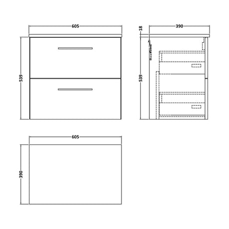 [BFLE1424W] Balterley Level Modern Bathroom 600mm Wall Hung 2 Soft Close Drawer Vanity Unit, Laminate Worktop, 557 x 605 x 383mm, Dark Grey - Technical Drawing