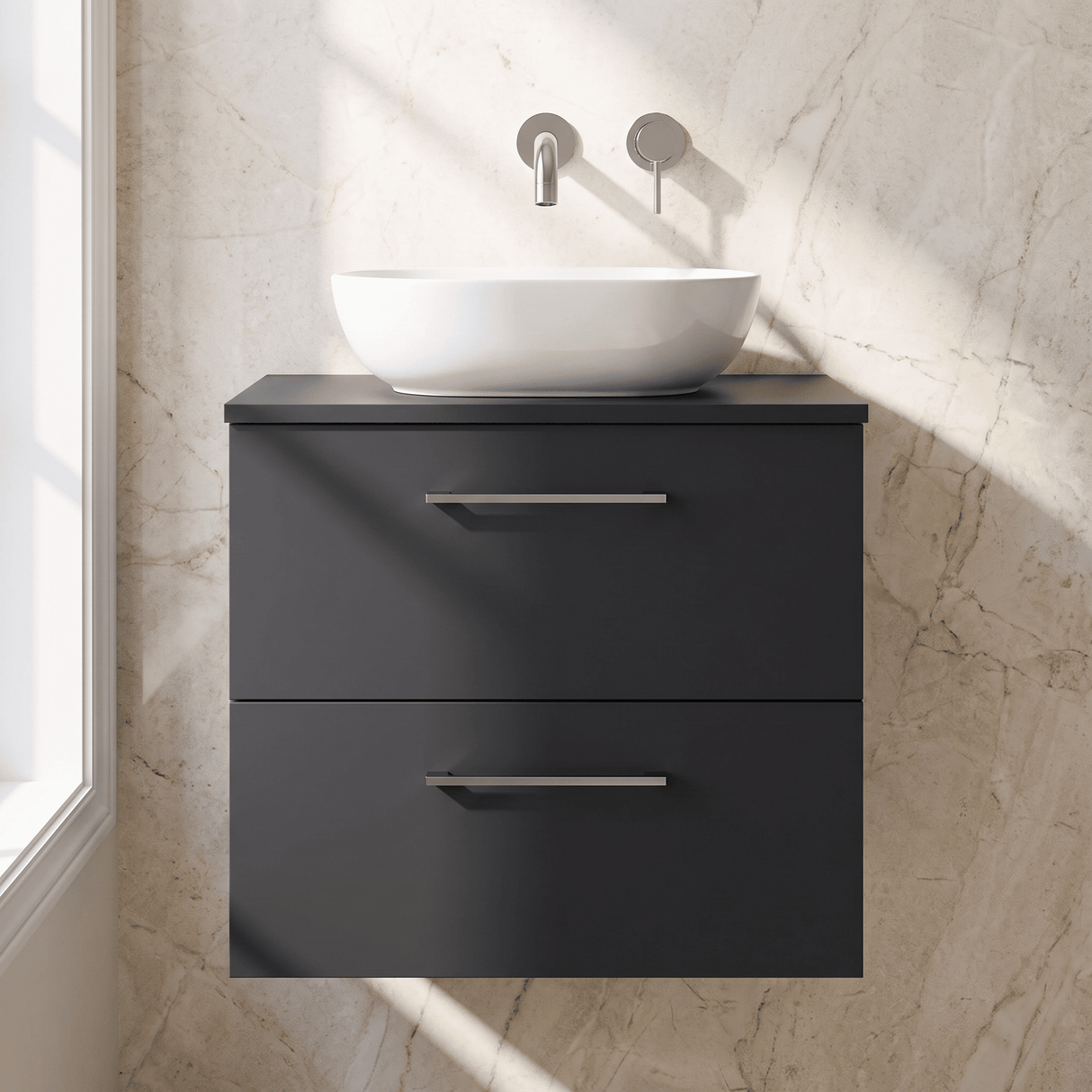 [BFLE1424W] Bramshall Contemporary 2 Soft Close Drawer Wall Hung Vanity Unit with Worktop, Choice of Size and Colour - Silo