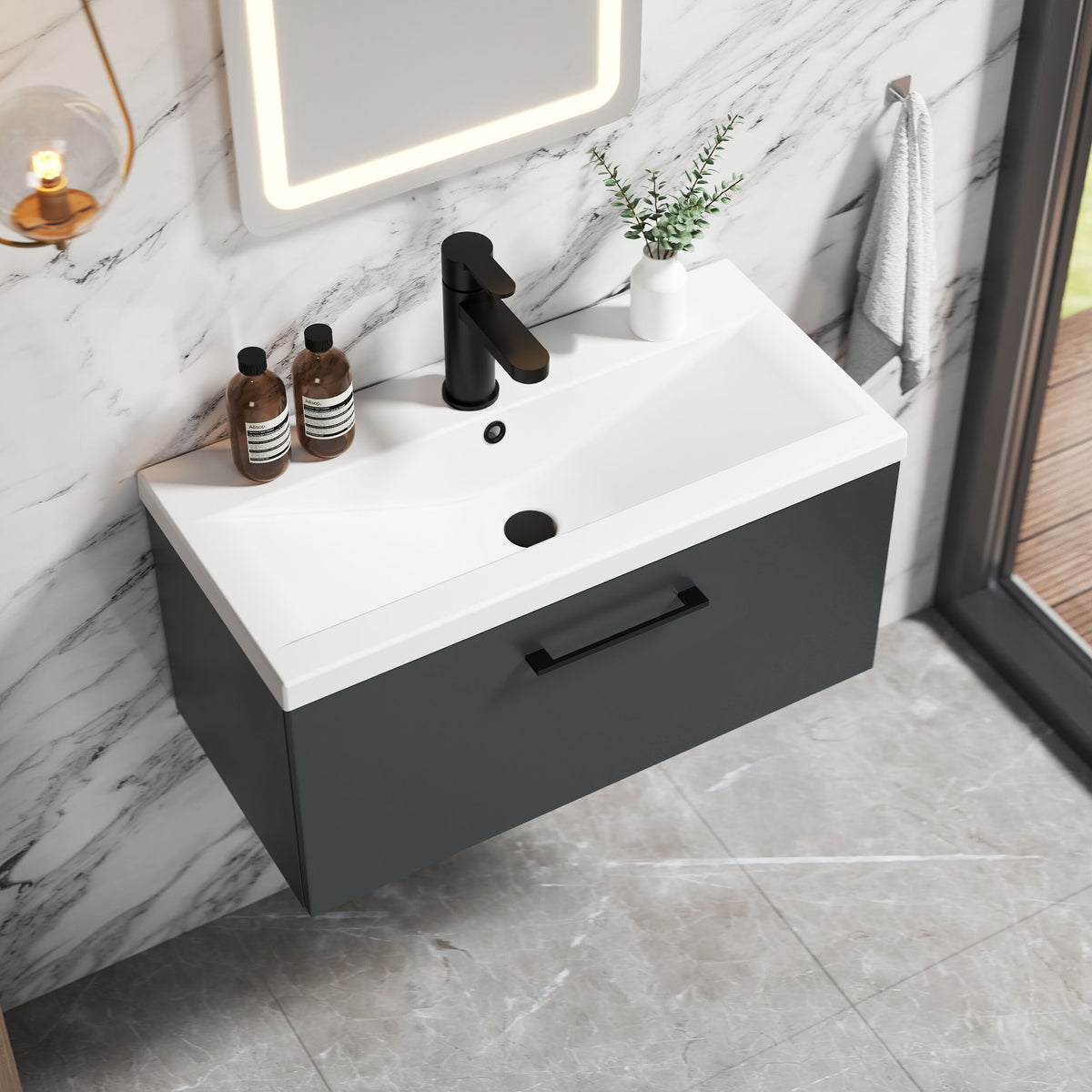 [BFLE1425AH018] Bramshall Wall Hung 1 Drawer Vanity Unit with Mid-Edge Ceramic Basin 800mm - Lifestyle 2