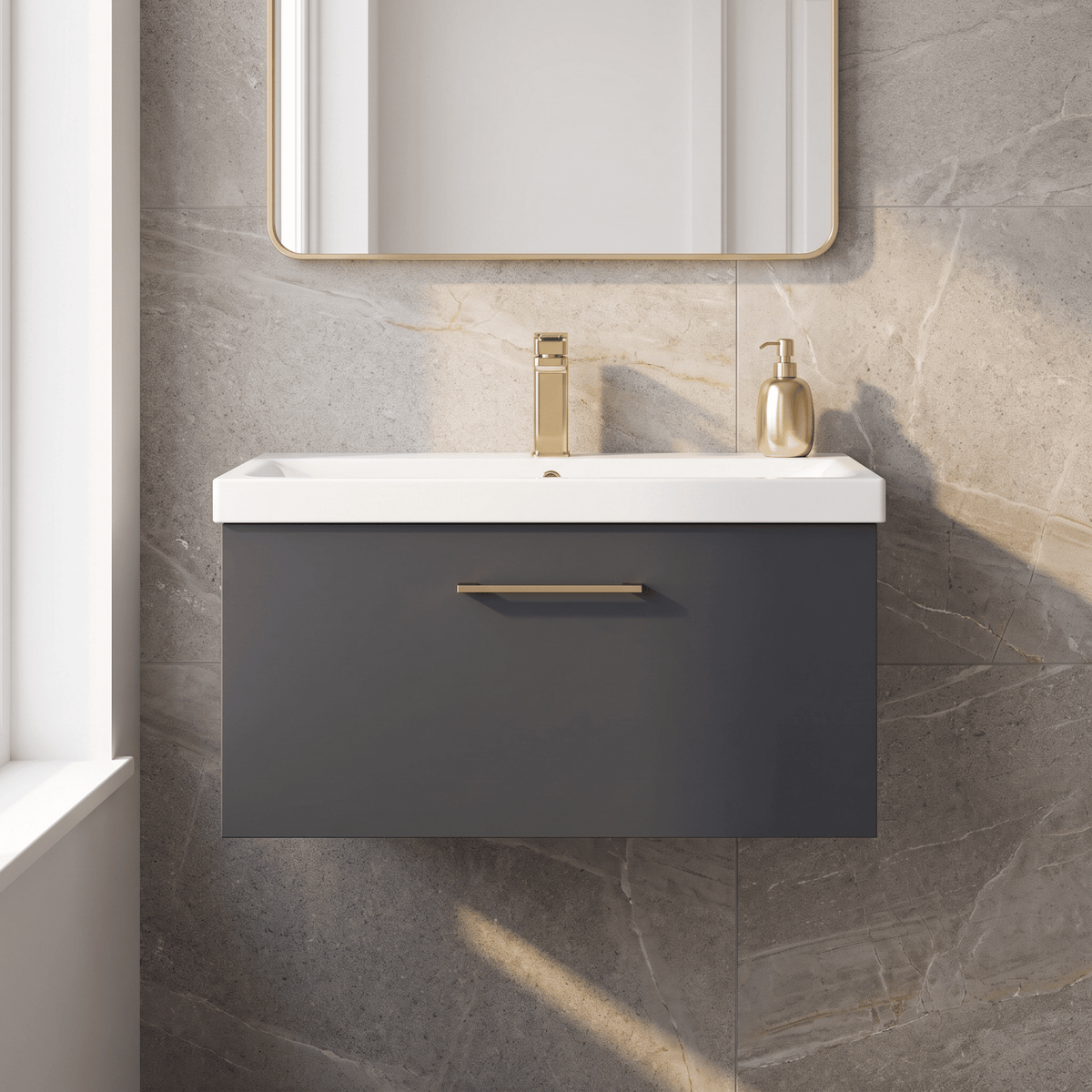 [BFLE1425AH1516] Bramshall Wall Hung 1 Drawer Vanity Unit with Mid-Edge Ceramic Basin 800mm - Studio Shot