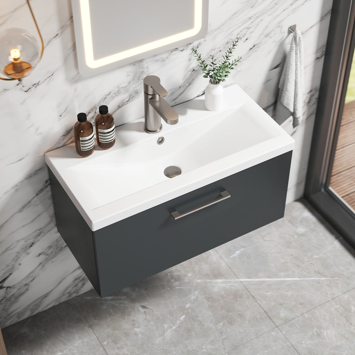 [BFLE1425AH716] Bramshall Wall Hung 1 Drawer Vanity Unit with Mid-Edge Ceramic Basin 800mm - Lifestyle 2