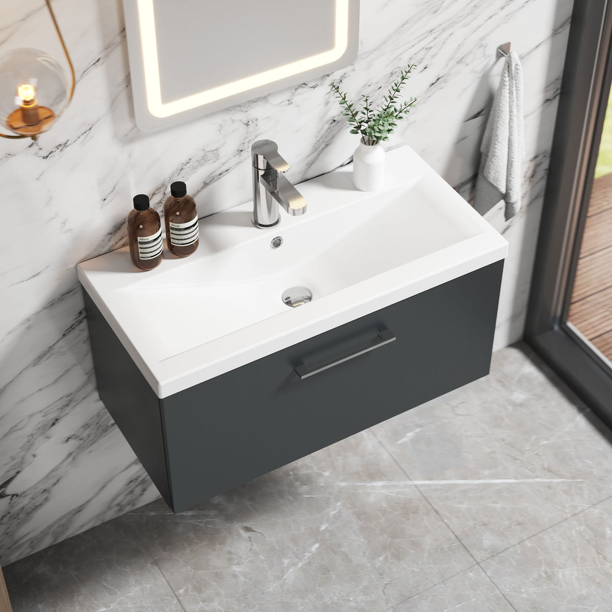 [BFLE1425A] Bramshall Wall Hung 1 Drawer Vanity Unit with Mid-Edge Ceramic Basin 800mm - Lifestyle 2