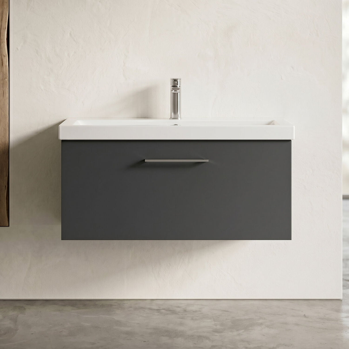 [BFLE1425A] Bramshall Wall Hung 1 Drawer Vanity Unit with Mid-Edge Ceramic Basin - Choice of Colour, Handle Finish and Size - Silo