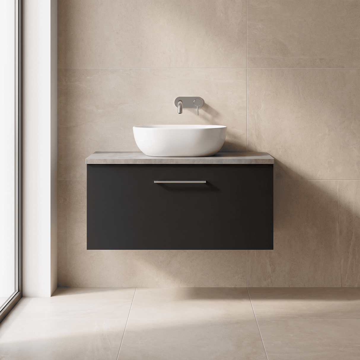 [BFLE1425LBG] Bramshall Contemporary 1 Drawer Wall Hung Vanity Unit with Bellato Grey Laminate Worktop, Choice of Size and Colour