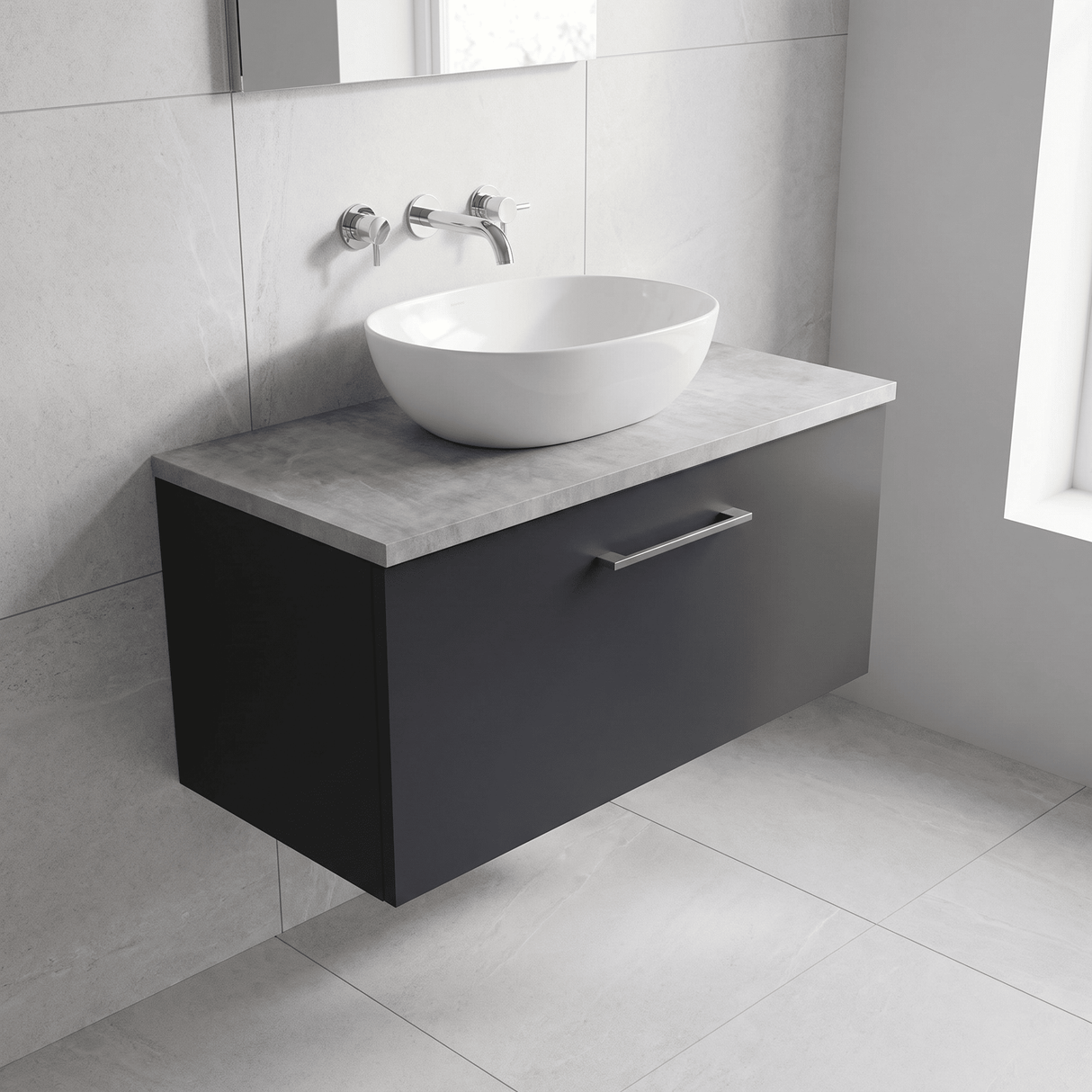[BFLE1425LBG] Bramshall Contemporary 1 Drawer Wall Hung Vanity Unit with Bellato Grey Laminate Worktop, Choice of Size and Colour