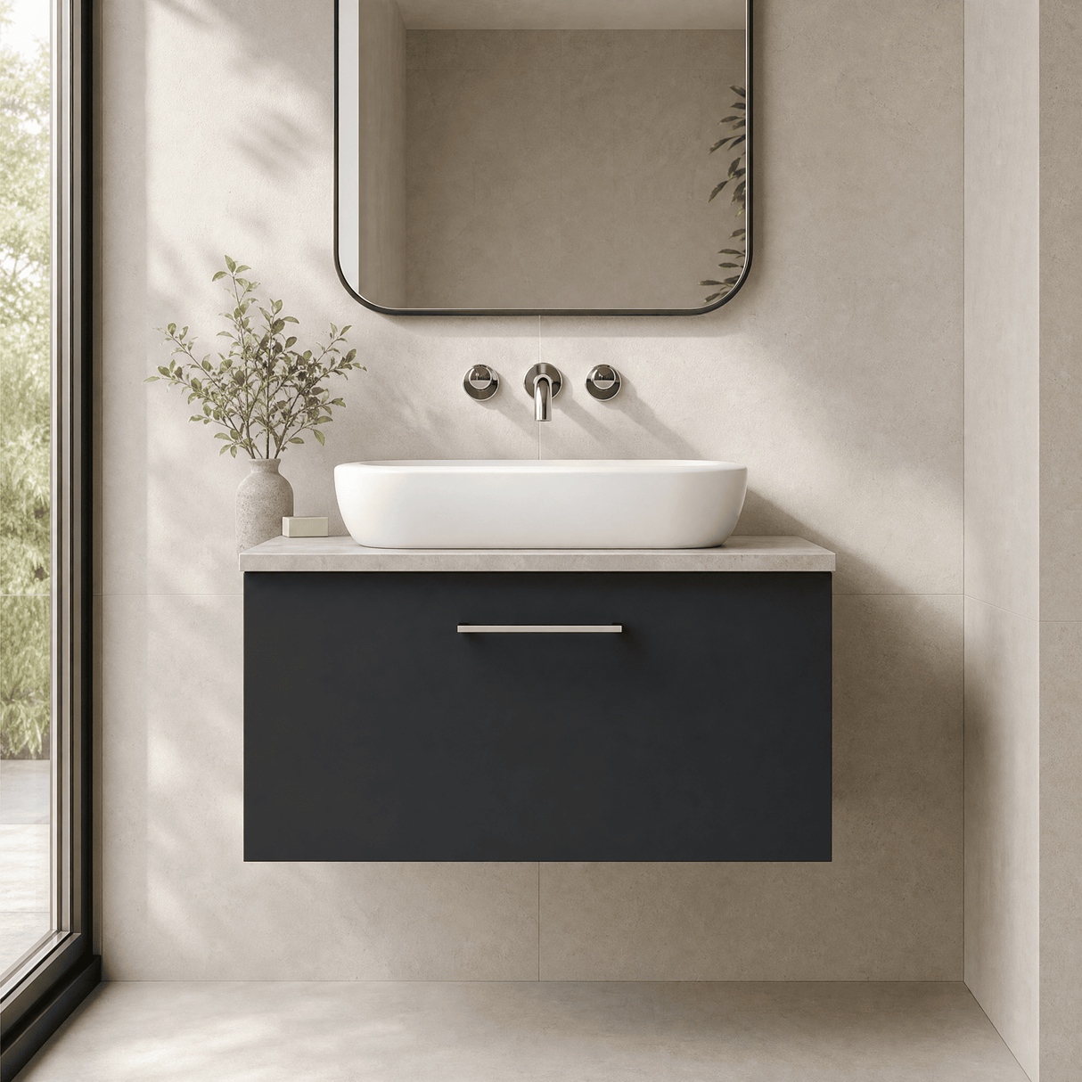 [BFLE1425LBG] Bramshall Contemporary 1 Drawer Wall Hung Vanity Unit with Bellato Grey Laminate Worktop, Choice of Size and Colour - Silo