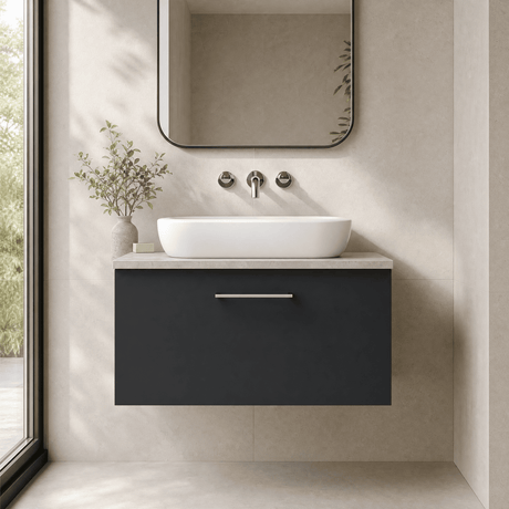 [BFLE1425LBG] Bramshall Contemporary 1 Drawer Wall Hung Vanity Unit with Bellato Grey Laminate Worktop, Choice of Size and Colour - Silo