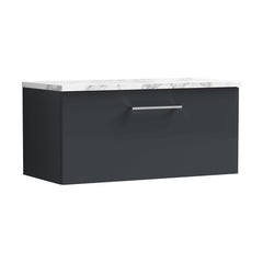 [BFLE1425LCM] Bramshall Contemporary 1 Drawer Wall Hung Vanity Unit with Carrera Marble Laminate Worktop, Choice of Size and Colour - Cutout