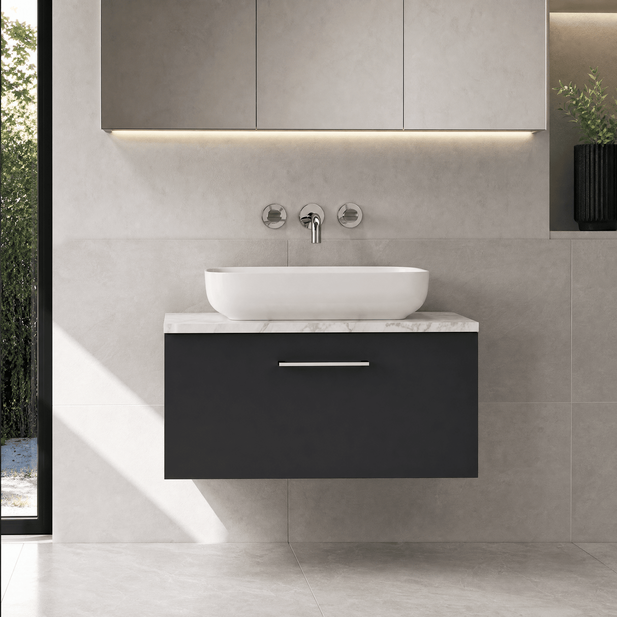 [BFLE1425LCM] Bramshall Contemporary 1 Drawer Wall Hung Vanity Unit with Carrera Marble Laminate Worktop, Choice of Size and Colour