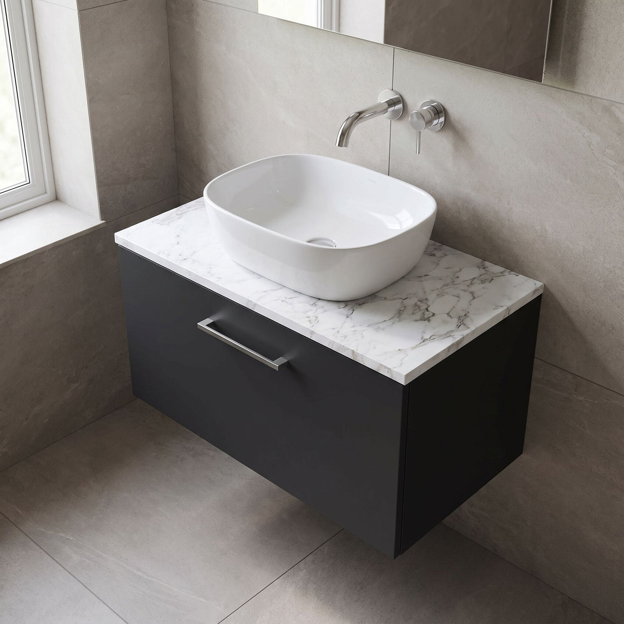 [BFLE1425LCM] Bramshall Contemporary 1 Drawer Wall Hung Vanity Unit with Carrera Marble Laminate Worktop, Choice of Size and Colour