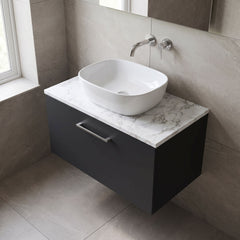 [BFLE1425LCM] Bramshall Contemporary 1 Drawer Wall Hung Vanity Unit with Carrera Marble Laminate Worktop, Choice of Size and Colour
