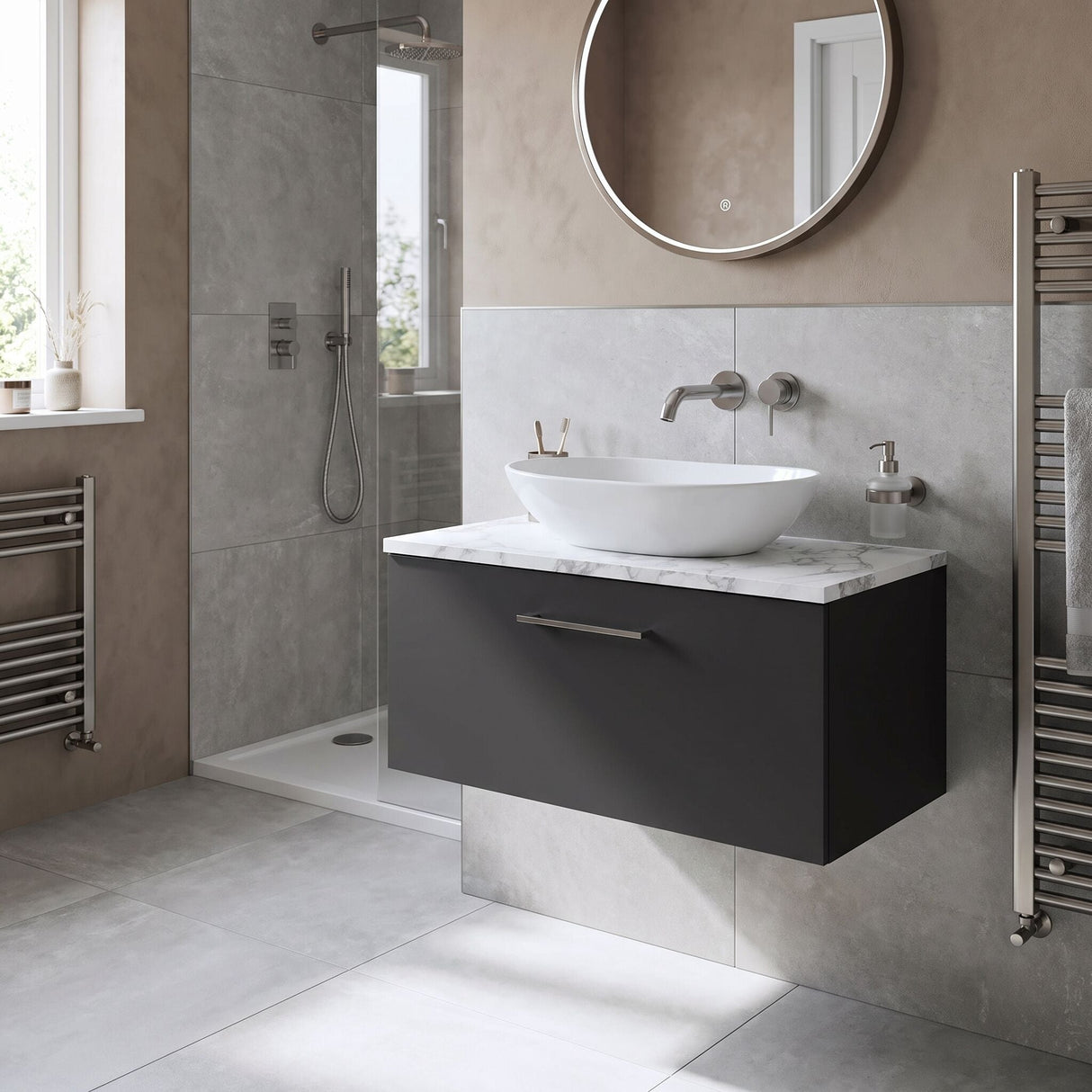 [BFLE1425LCM] Bramshall Contemporary 1 Drawer Wall Hung Vanity Unit with Carrera Marble Laminate Worktop, Choice of Size and Colour