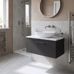 [BFLE1425LCM] Bramshall Contemporary 1 Drawer Wall Hung Vanity Unit with Carrera Marble Laminate Worktop, Choice of Size and Colour