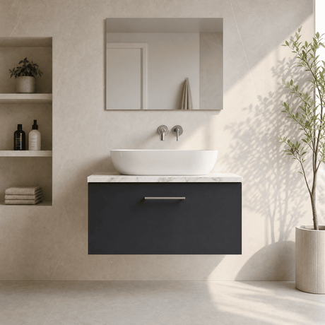 [BFLE1425LCM] Bramshall Contemporary 1 Drawer Wall Hung Vanity Unit with Carrera Marble Laminate Worktop, Choice of Size and Colour - Silo