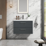 Wall Hung 2 Drawer Vanity Unit with Mid-Edge Ceramic Basin - Choice of Colour, Handle Finish and Size