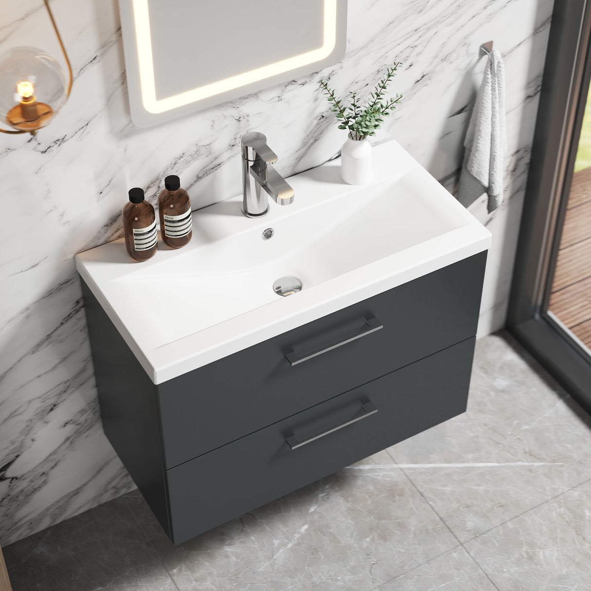 [BFLE1426A] Bramshall Wall Hung 2 Drawer Vanity Unit with Mid-Edge Ceramic Basin - Choice of Colour, Handle Finish and Size - Lifestyle 2