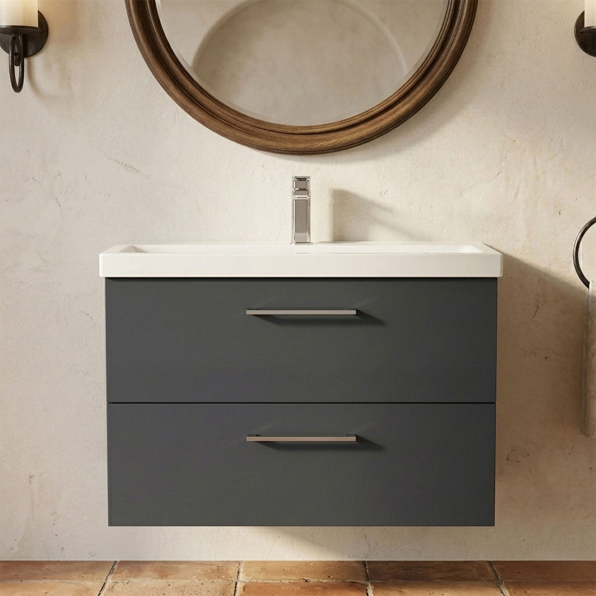 [BFLE1426A] Bramshall Wall Hung 2 Drawer Vanity Unit with Mid-Edge Ceramic Basin - Choice of Colour, Handle Finish and Size - Silo